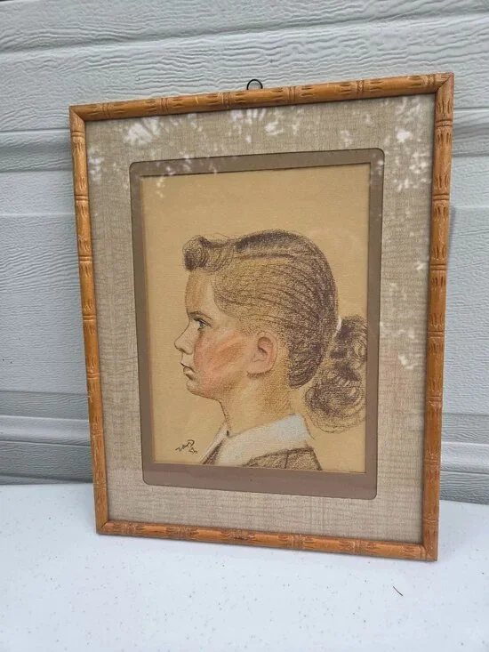 Vintage '56 Pastel Portrait of Girl w/ Ponytail