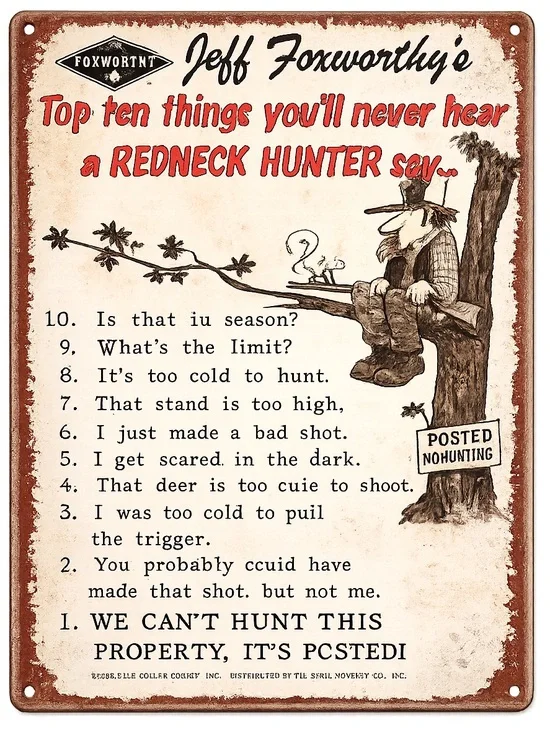 NEW Jeff Foxworthy Redneck Hunter Quote Metal Sign