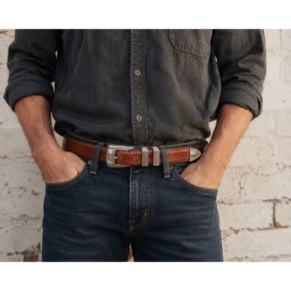 Florsheim Mens Vintage Western Lizard Embossed Leather Belt 40 Cognac Brown
