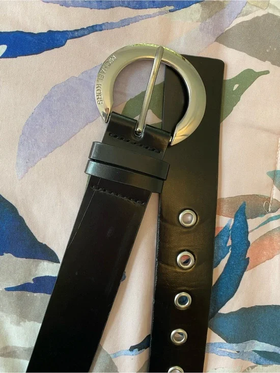 Michael Kors Black Leather Belt with Silver Round Buckle