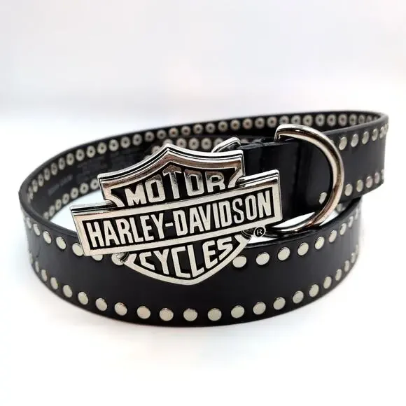 VTG Y2K Harley Davidson Moto Studded Black Leather Belt w/ Buckle 32in-36in
