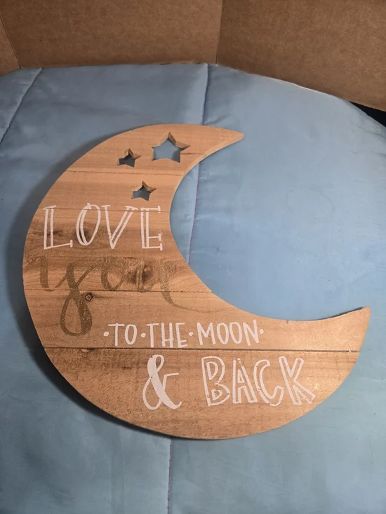 Hobby Lobby Wooden Crescent Moon Wall Decor in Brown with White Lettering