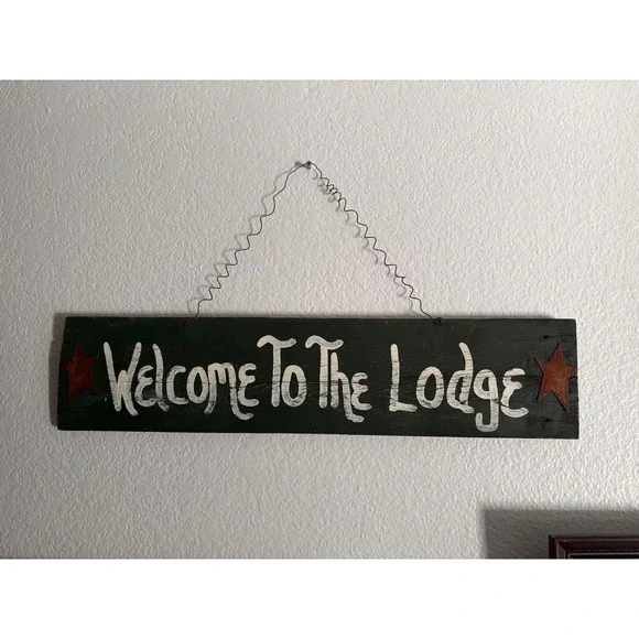 Rustic Welcome To The Lodge Wooden Sign Primitive Cabin Decor Metal Stars Hanger