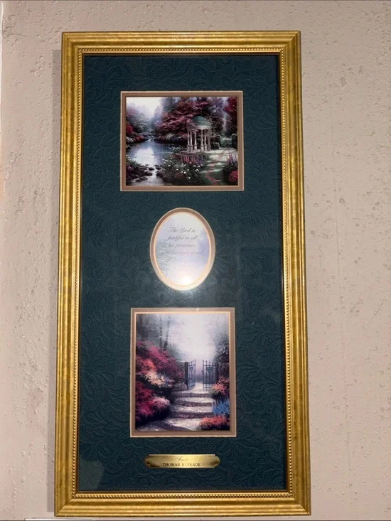 Thomas Kinkade Gold Framed Trio with Teal Mat and Pink Floral Accents