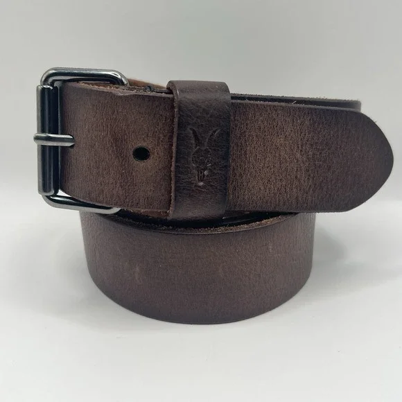 AllSaints Dunston Leather Embossed Belt 34 Brown Gunmetal Hardware Ramskull