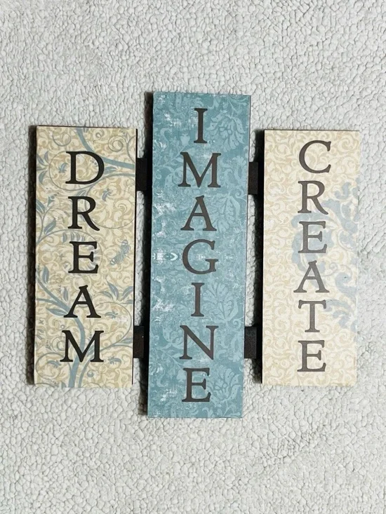 Imagine, Dream, Create Wall Plaque Set in Blue and Cream