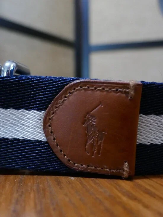 Polo Ralph Lauren Navy and White Striped Fabric Webbed Belt Leather Trim 42