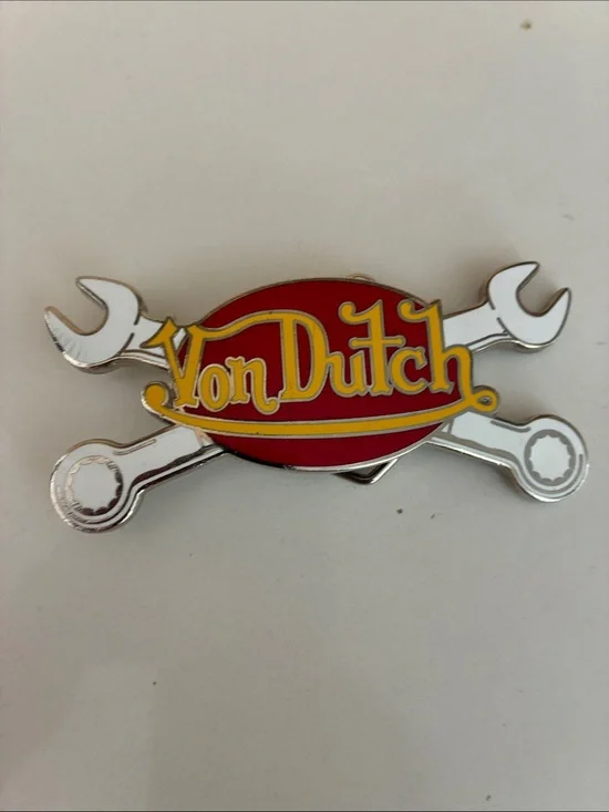 Von Dutch Red & Yellow Enamel Logo Pin with Wrench Design