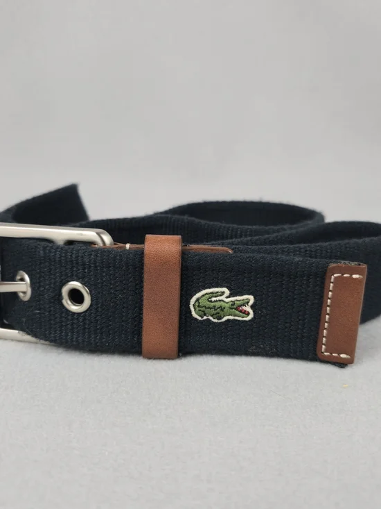 Lacoste Navy Canvas Belt with Brown Leather Accents - Size 38