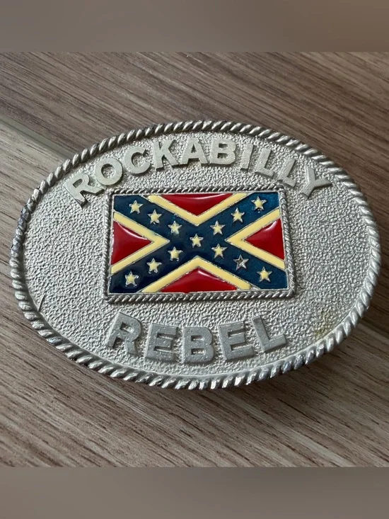 Vintage Rockabilly Rebel Southern Confederate Flag Silver Belt Buckle