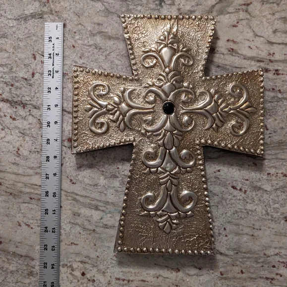 Wall Art Cross Wood Covered W/ Hammered Metal Christian Silver Tone 13.5
