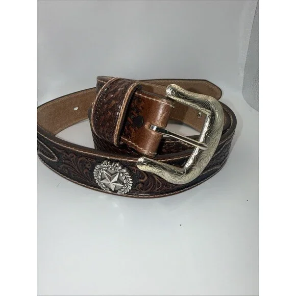 Justin Lone Star Western Leather Belt Mens Size 42 Brown C10098 Basketweave Exc