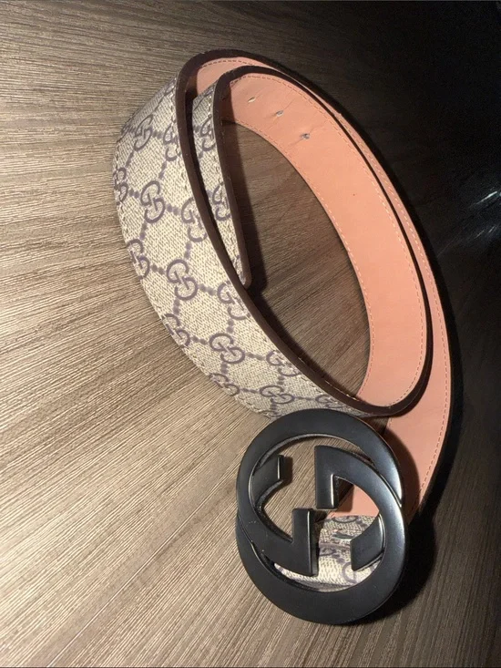 Beige GG Supreme Canvas Belt with Black Double G Buckle