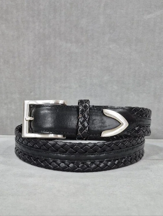 Western woven leather belt men's 34 black silver metal buckle and tip