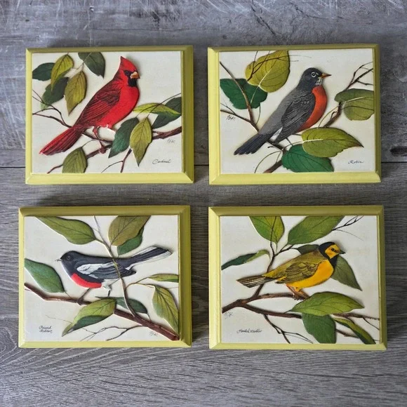 Vintage 1973 3D Paper Tole Bird Wall Art Set 4 Wood Plaques Yellow Cottagecore