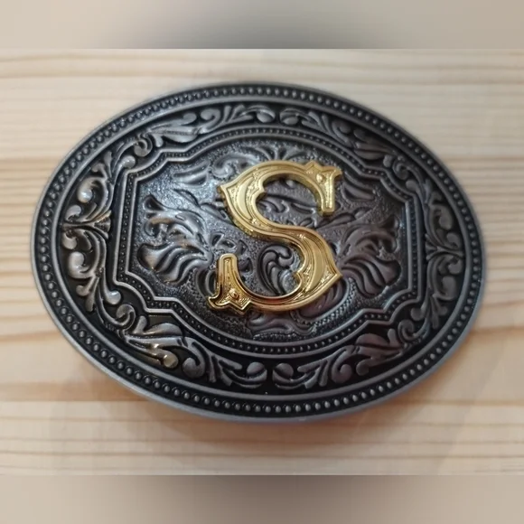 Western Initial “S” Belt Buckle Black Gold Tone Ornate Cowboy Rodeo New