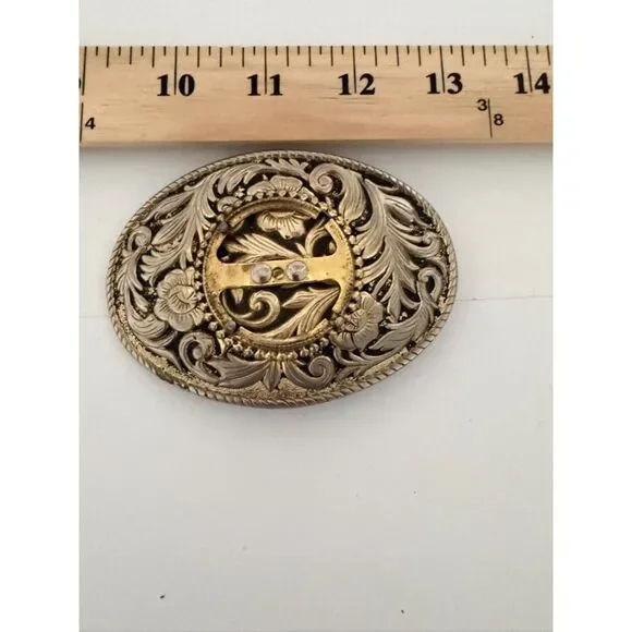 Vintage Western FLoral engraved belt buckle with gold tone accents and place for
