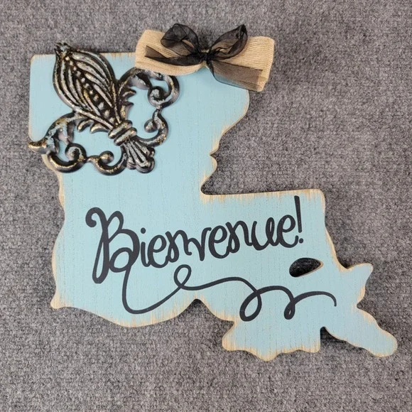 Louisiana State Blue Wooden Wall Decor Sign Cutout Fleur De Lis Bow 13