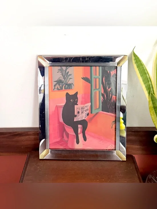 Black Cat Reading the Newspaper on the Toilet Bathroom Canvas Art Vintage Framed