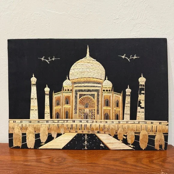 Vintage Straw Art Taj‎ Mahal Wall Hanging India Reed Mosaic Mid Century Handmade