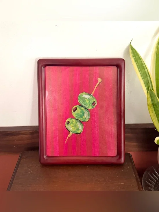 Olives on Toothpick Red & Pink Stripe Canvas Art Print Wood Framed Mediterranean