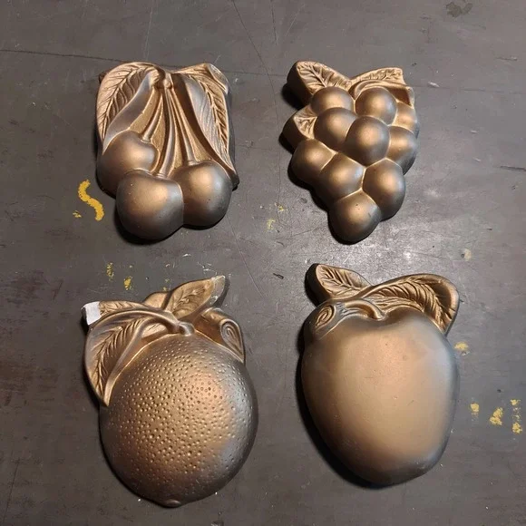Vintage Gold Chalkware Fruit Wall Decor Set of 4 Grapes Cherries Orange Pear MCM