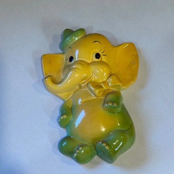 Vintage 50s Miller Studios Elephant Wall Plaque Yellow Green Retro Nursery Decor