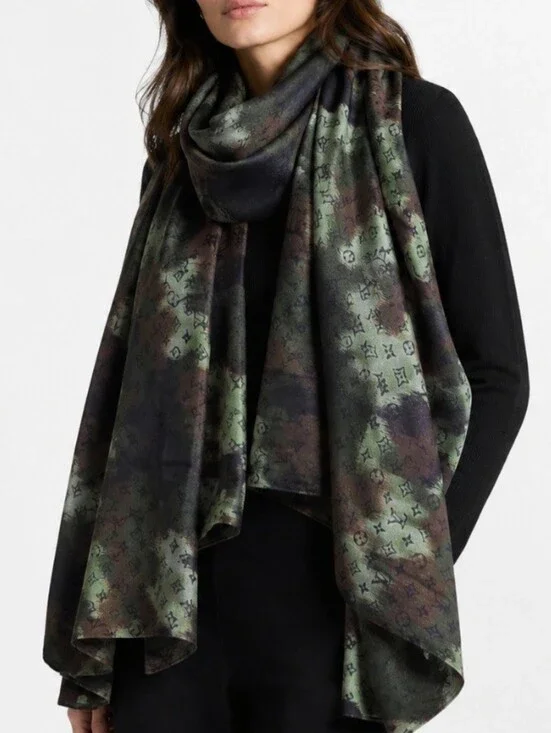 Louis Vuitton Green Camouflage Monogram Oversized Silk/Wool Ikat Shawl Scarf