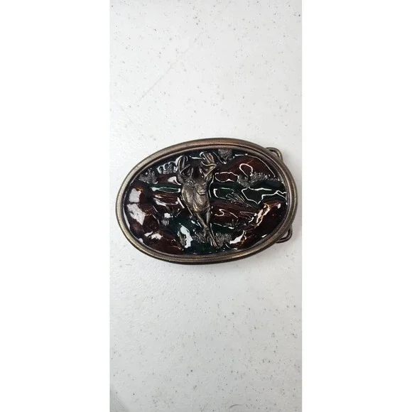 1983 Bergamot Brass Works Deer Belt‎ Buckle Enamel Hunting Buck Made USA