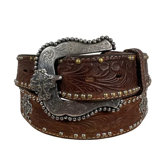 Mens Brown Tooled Leather Western Belt Silver Cross‎ Conchos Studded Size 38