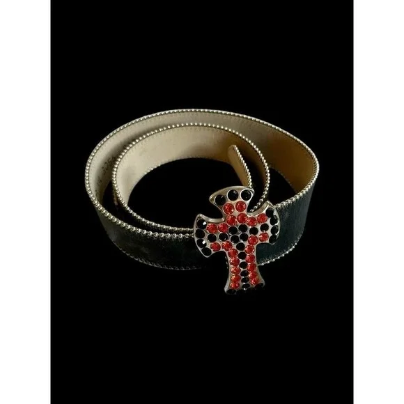 BB SIMON Y2K Vintage‎ Belt Large Black Leather Orange Crystal Cross 90's Rare