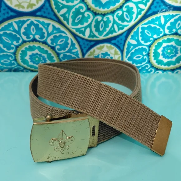 Vintage Boy Scouts of America BSA Canvas Web Belt Solid Brass Buckle Tan 42.5