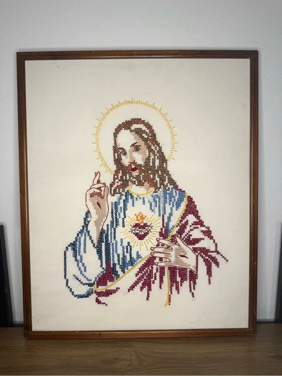 Vintage Framed Jesus Cross-Stitch