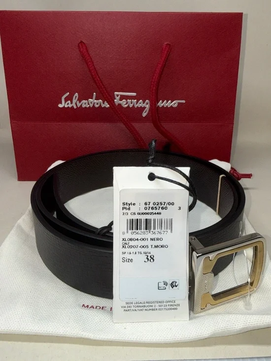 Salvatore Ferragamo Mens Leather Reversible Mancini Buckle Belt - Size 38 NWT