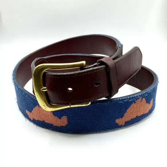 Harding Lane Blue Genuine Leather Preppy Marthas Vineyard Needlepoint Belt