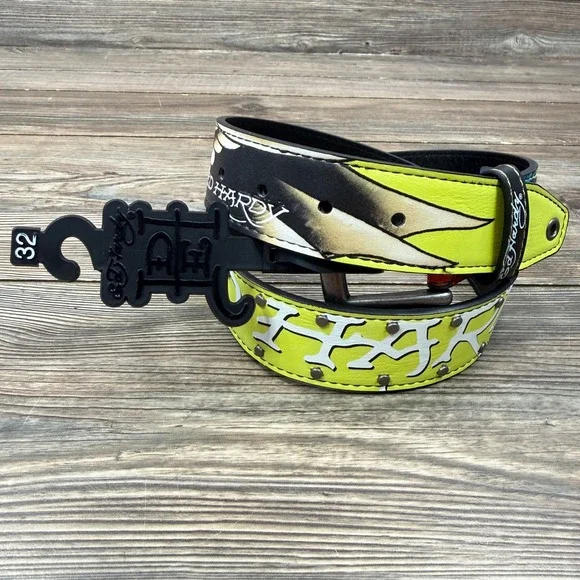 Ed Hardy Mens Size 32 Belt Lime Green Dragon Tattoo Graphic VB97511EHQA New