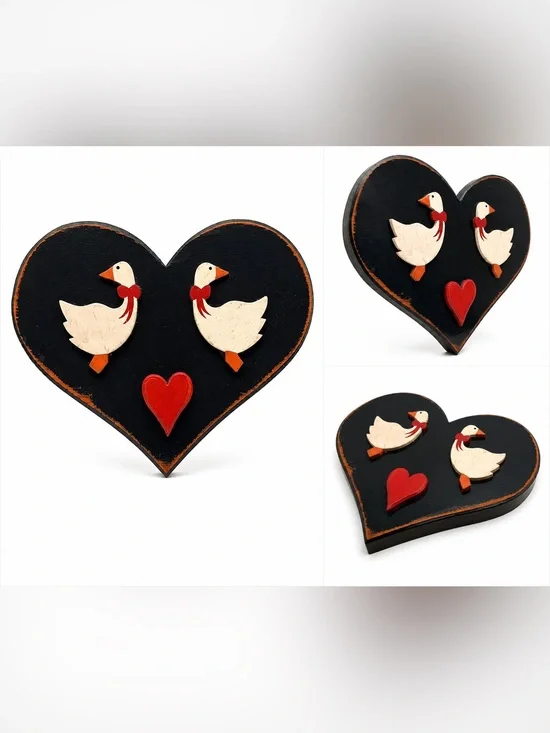 Handcrafted Heart Plaque with Folk Art Ducks
