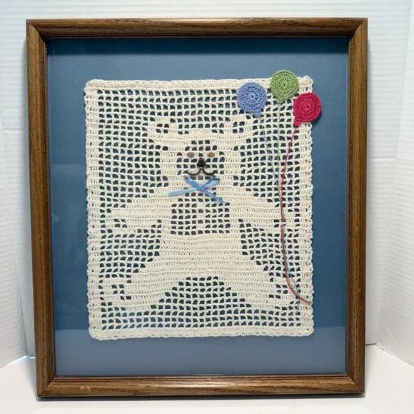VTG 80s Crochet Teddy Bear‎ Balloons Wall Art Custom Framed Decor Cottage Whimsy