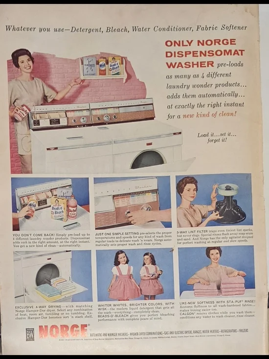 Vintage 1954 Norge Dispensomat Washer Magazine Print Ad - Mint Condition
