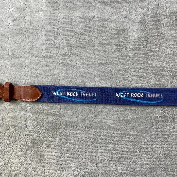 Smathers Branson Belt Needlepoint Mens 32 Navy Blue West Rock Travel Leather