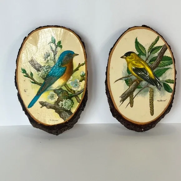 Vintage P.H. Gonner Bird Wood Slice Wall Plaques Set Bluebird Goldfinch Kinzua
