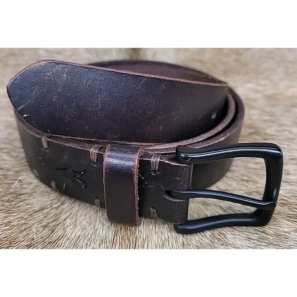 AllSaints‎ Men's Dark Brown Buffalo Leather Belt Size 34 Ramskull Logo Matte