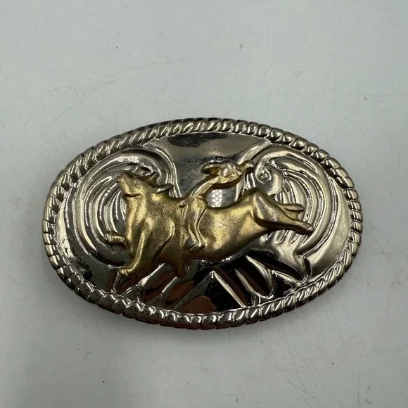 Vintage Western Bull Riding Belt Buckle Silver Gold Tone‎ Rodeo Cowboy Oval 3.5