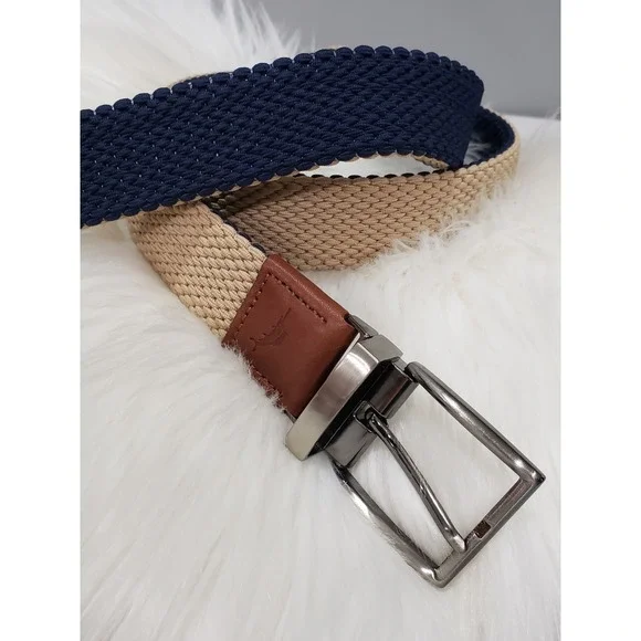NAVY BLUE / KHAKI Tommy Bahama Reversible Stretch Braided BELT golf preppy dress