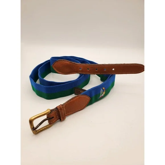 Vintage Trafalgar Brass Buckle Belt Sz XL, Green/Blue Fabric & Leather Detail