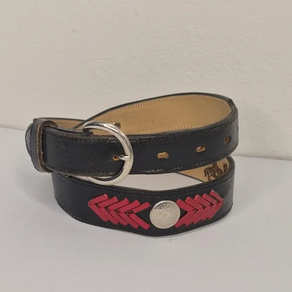 Brazos Joe Western Black Red Woven Leather Concho Belt Made in‎ USA Mens Size 30
