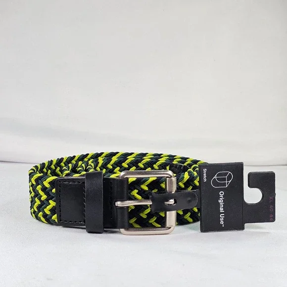 Original Use Mens Braided‎ Stretch Belt XL 40-44 Black Green Yellow Woven Buckle