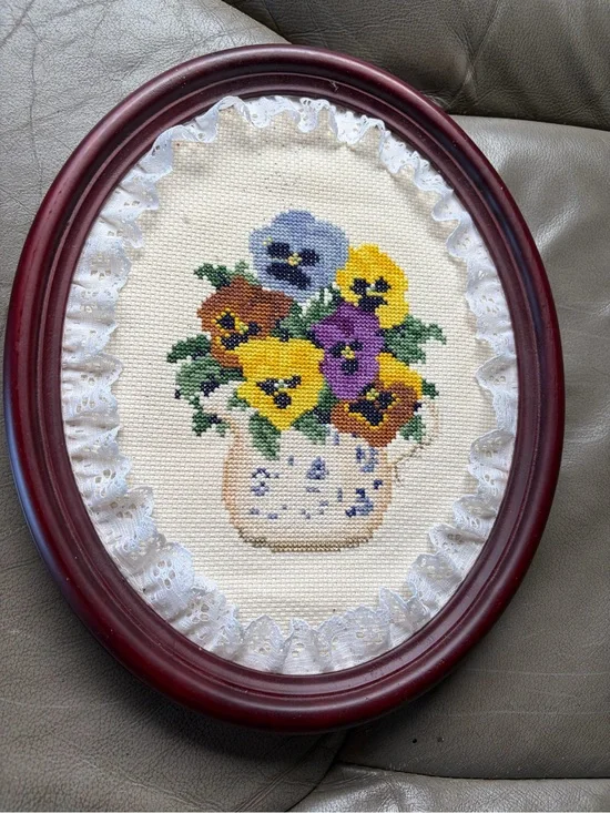 Handmade Cross-Stitch Pansy Bouquet Wall Art