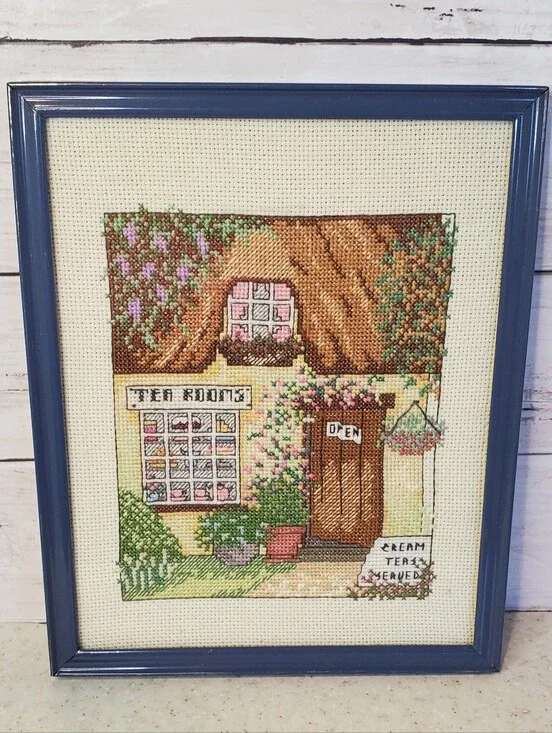 Vintage Handmade Cross Stitch Tea Rooms Cottage Needlepoint Framed Cottagecore G