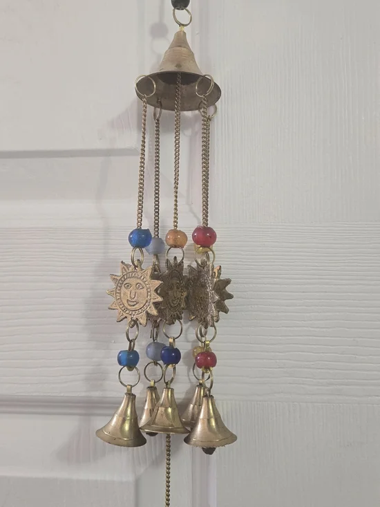 Vintage Brass Sunshine Bell Wind Chime with Colorful Beads